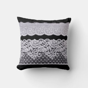 White Ornamental Lace isolated on black background Cushion