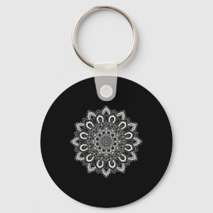 White Ornate Lotus Flower Yoga Mandala _1 Key Ring