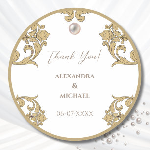 White Ornate Pearl Victorian Wedding Thank You Classic Round Sticker