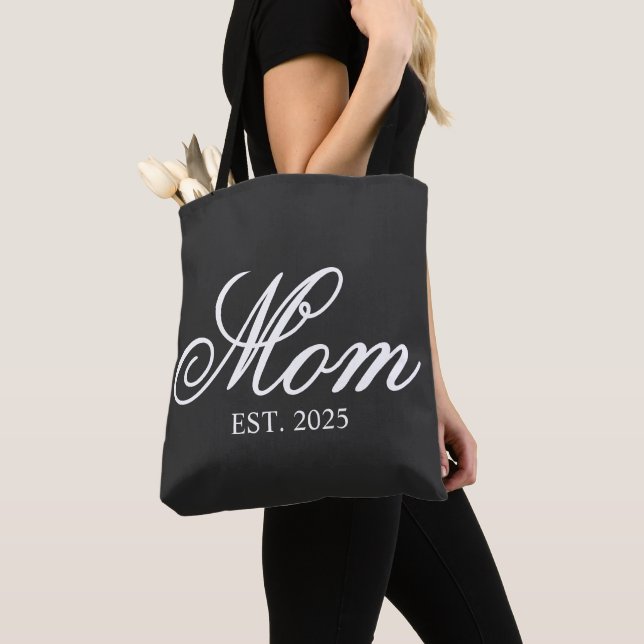 White Ornate Script Established Mom Tote Bag (Close Up)