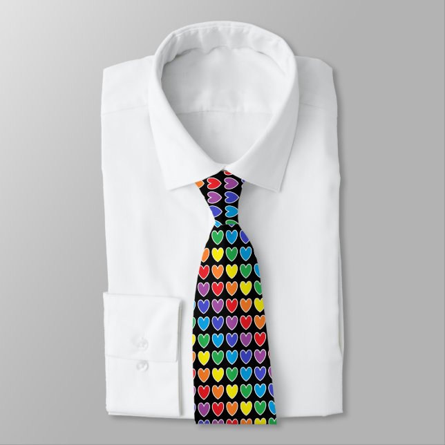 White Outlined Rainbow Hearts Tie (Tied)