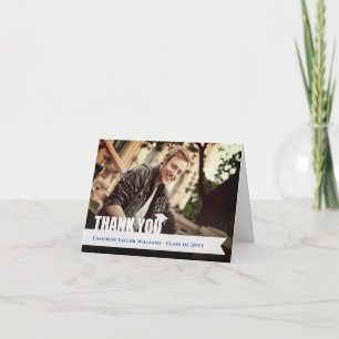 White Overlay Ribbon Graduation Cap Modern Photo Thank You Card
