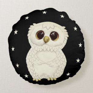 White Owl and Stars on Black Round Cushion
