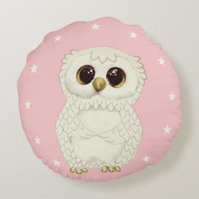 White Owl and Stars on Light Pink Round Pillow (Back)