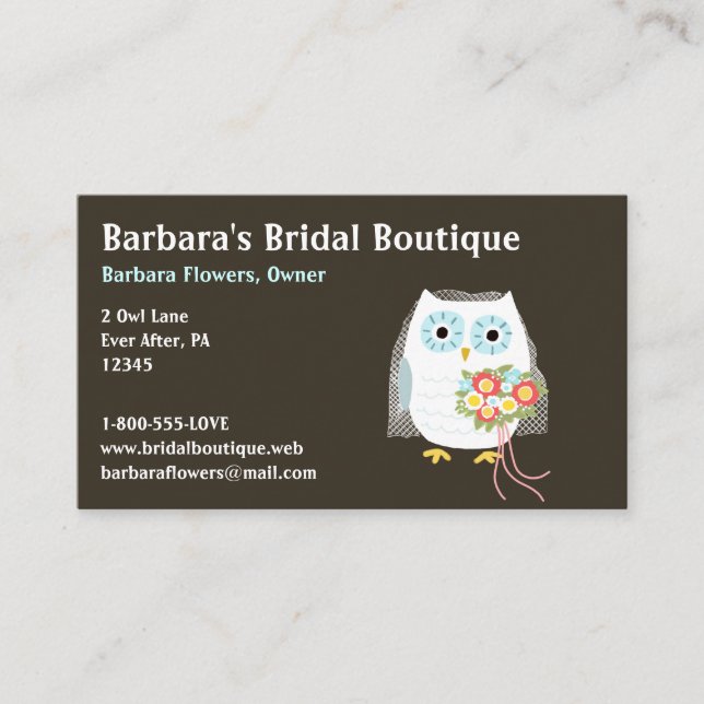 White Owl Bride with Flower Bouquet  Business Card (Front)
