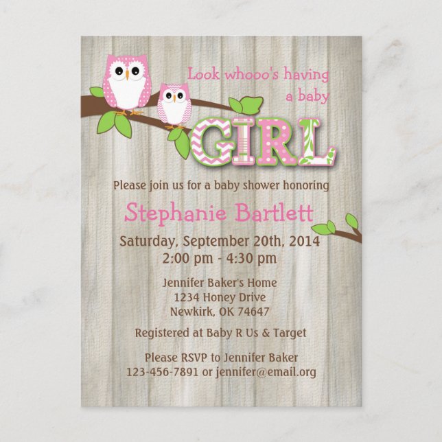White Owl Chevron Baby Shower Invitation Postcard (Front)