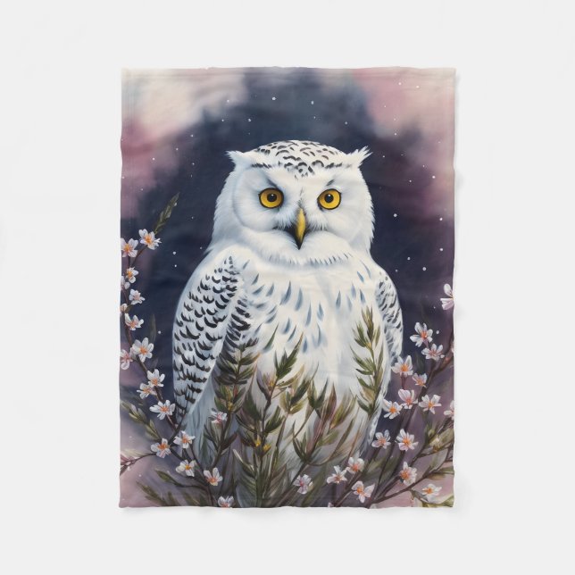 White Owl Floral Night Art Fleece Blanket (Front)