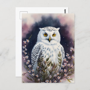 White Owl Floral Night Portrait Postcard
