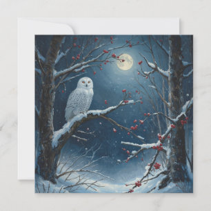 White Owl in Winter Forest under Full Moon Card