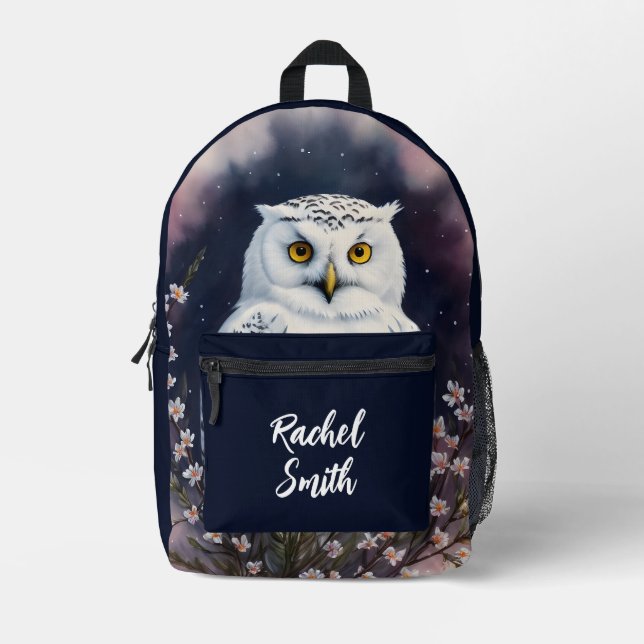 White Owl Night Portrait Art Printed Backpack (Front)