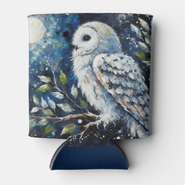 White Owl On Branch in Moonlight Painting Can Cooler (Front)