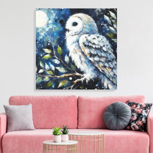 White Owl On Branch in Moonlight Painting Canvas Print