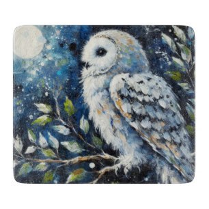 White Owl On Branch in Moonlight Painting Cutting Board