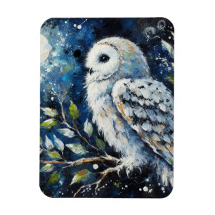 White Owl On Branch in Moonlight Painting Magnet