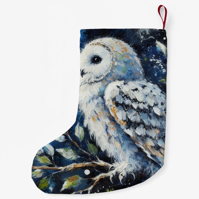 White Owl On Branch in Moonlight Painting Small Christmas Stocking (Back)