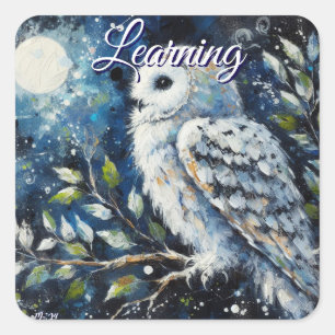 White Owl On Branch in Moonlight Painting Square Sticker