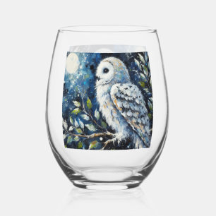 White Owl On Branch in Moonlight Painting Stemless Wine Glass