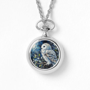 White Owl On Branch in Moonlight Painting Watch
