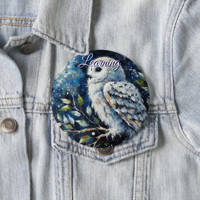 White Owl On Branch in Moonlight Personalised 10 Cm Round Badge (In Situ)