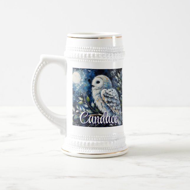 White Owl On Branch in Moonlight Personalised Beer Stein (Left)
