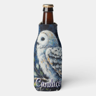 White Owl On Branch in Moonlight Personalised Bottle Cooler