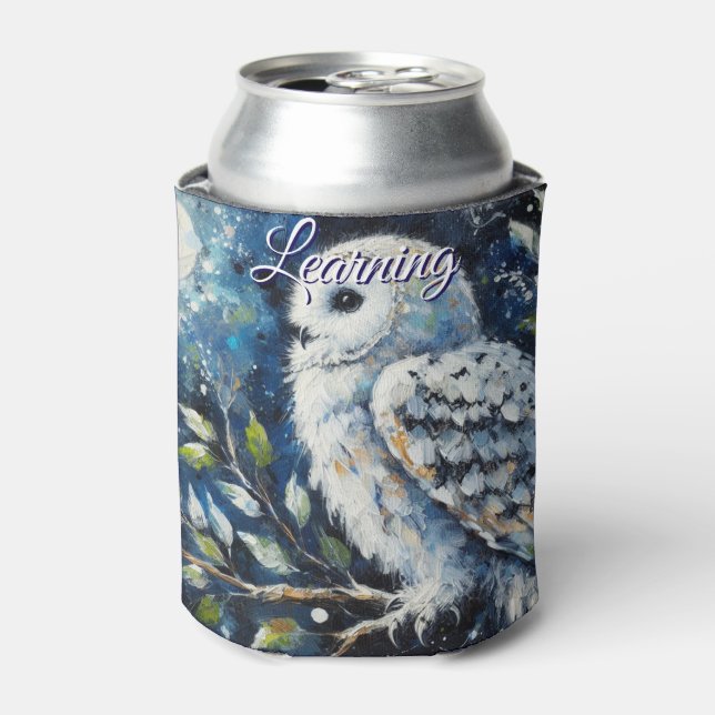 White Owl On Branch in Moonlight Personalised Can Cooler (Can Front)