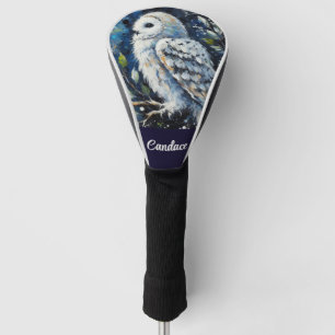 White Owl On Branch in Moonlight Personalised Golf Head Cover