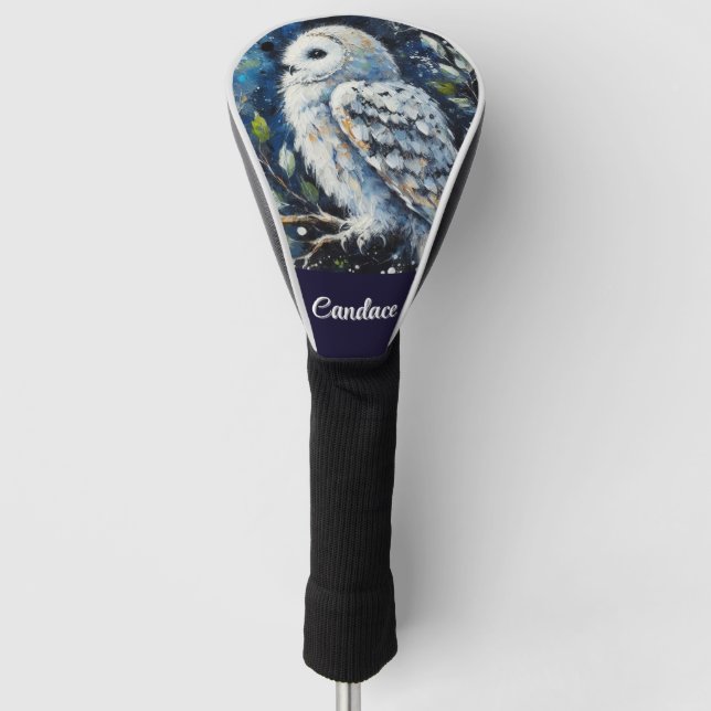 White Owl On Branch in Moonlight Personalised Golf Head Cover (Front)