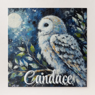 White Owl On Branch in Moonlight Personalised Jigsaw Puzzle