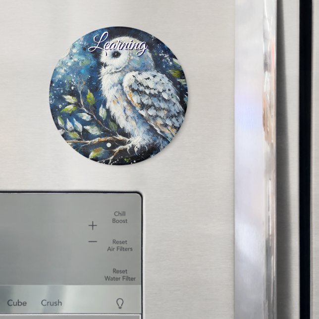 White Owl On Branch in Moonlight Personalised Magnet (In Situ (Fridge))