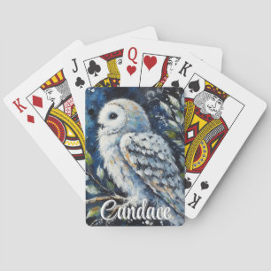 White Owl On Branch in Moonlight Personalised Playing Cards