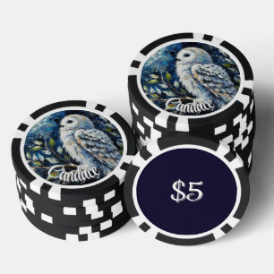 White Owl On Branch in Moonlight Personalised Poker Chips
