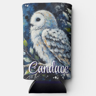 White Owl On Branch in Moonlight Personalised Seltzer Can Cooler