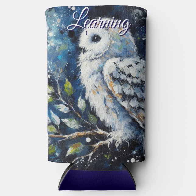White Owl On Branch in Moonlight Personalised Seltzer Can Cooler (Front)