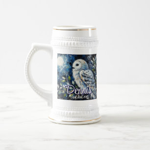 White Owl On Branch in Moonlight Personalized Beer Stein