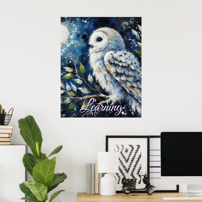 White Owl On Branch Moonlight Personalised Paper Poster (Home Office)