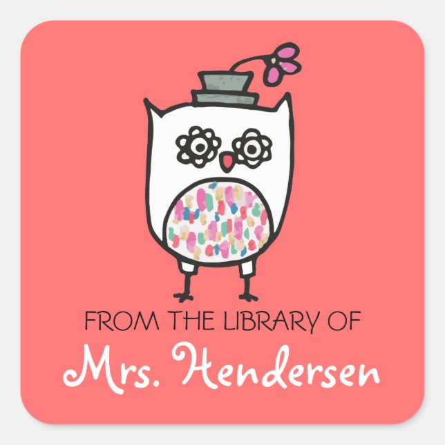 White Owl with Hat. Square Bookplates Sticker (Front)