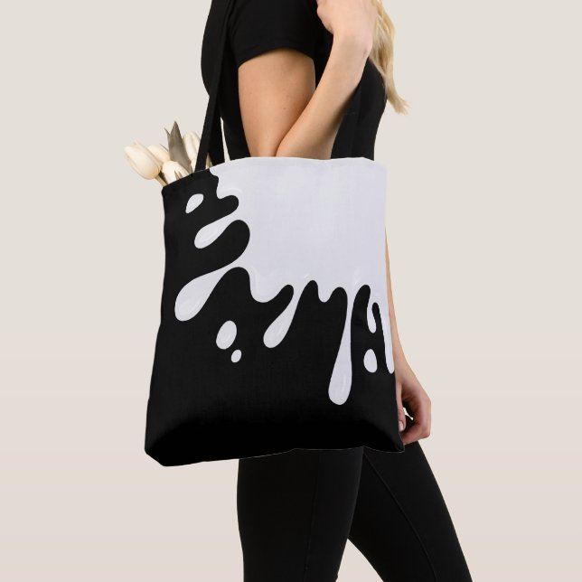 White Paint Splash on Black Tote Bag (Close Up)