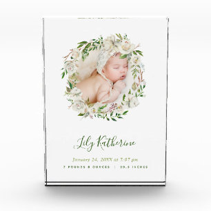 White Painted Floral Wreath Baby Photo Birth Stats Block