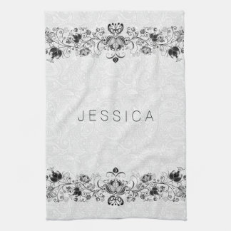 White Paisley Damasks & Black Swirls Lace Tea Towel