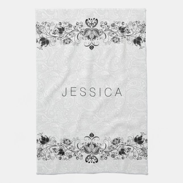 White Paisley Damasks & Black Swirls Lace Tea Towel (Vertical)