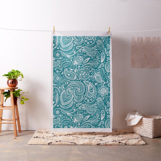 White Paisley on Custom Turquoise Background Fabric (In Situ)