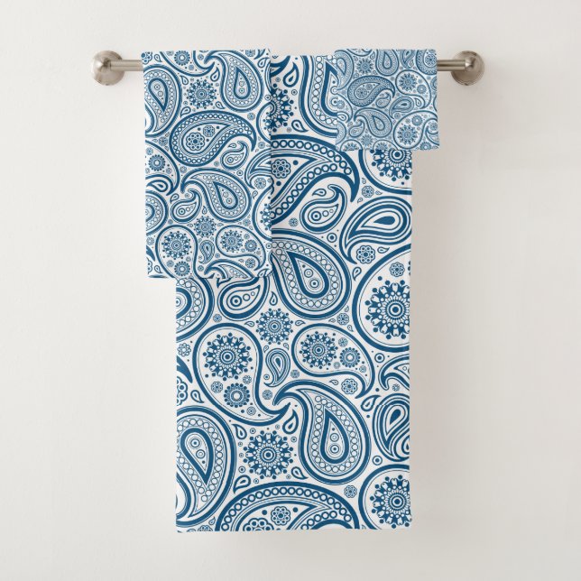 White paisley pattern a blue background bath towel set (Insitu)