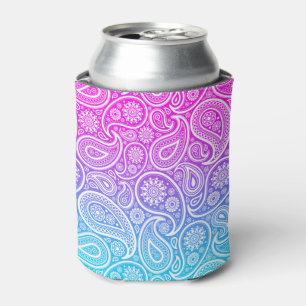 White paisley pattern on pink to blue ombre can cooler
