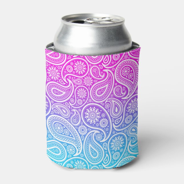 White paisley pattern on pink to blue ombre can cooler (Can Front)