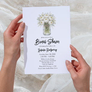 White Palette Ranunculus Mason Jar Bridal Shower Invitation