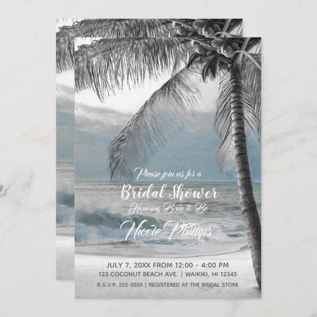 White Palm Coconut Tree Beach Bridal Shower Invitation (Front/Back)