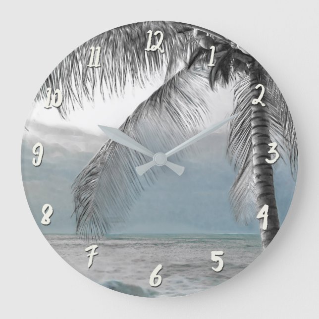 White Palm Coconut Tree Elegant Beach Paradise Large Clock (Front)