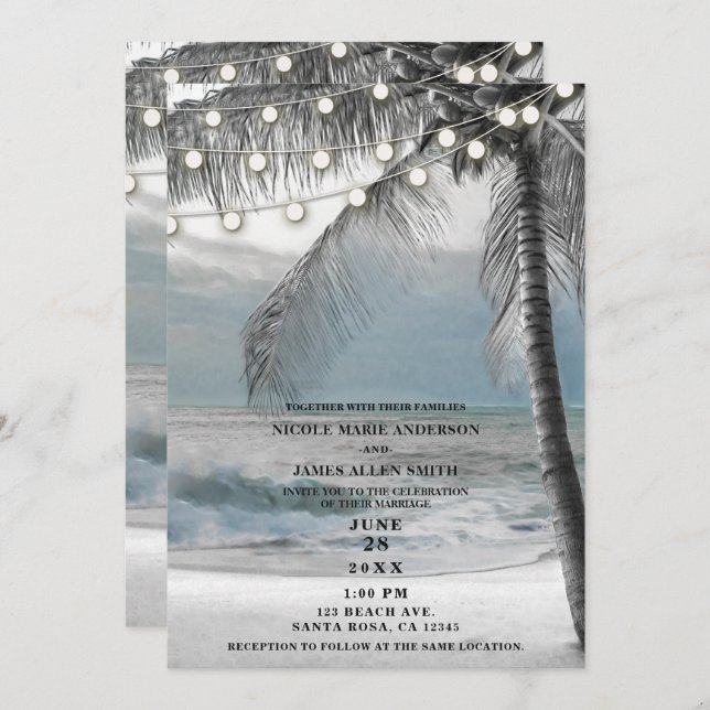 White Palm Coconut Tree & Lights Beach Wedding Invitation (Front/Back)