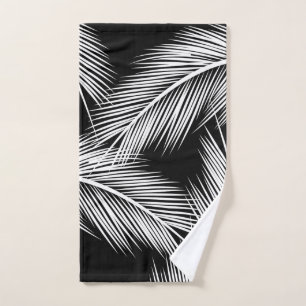 White palm leaves on black colour background bath towel set